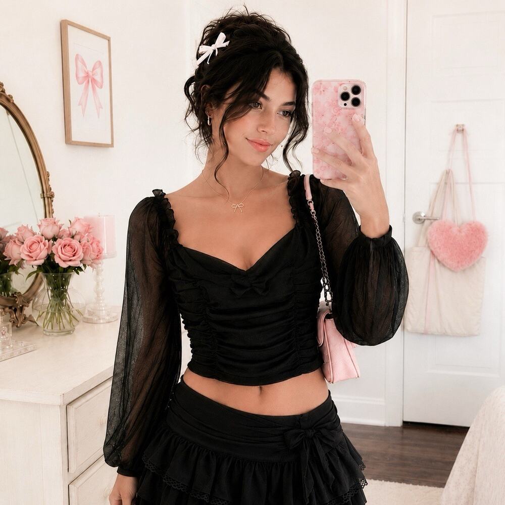 Forever 21 Ruched Crop Top Whimsygoth Dark Fairy Coquette - Black, Size M